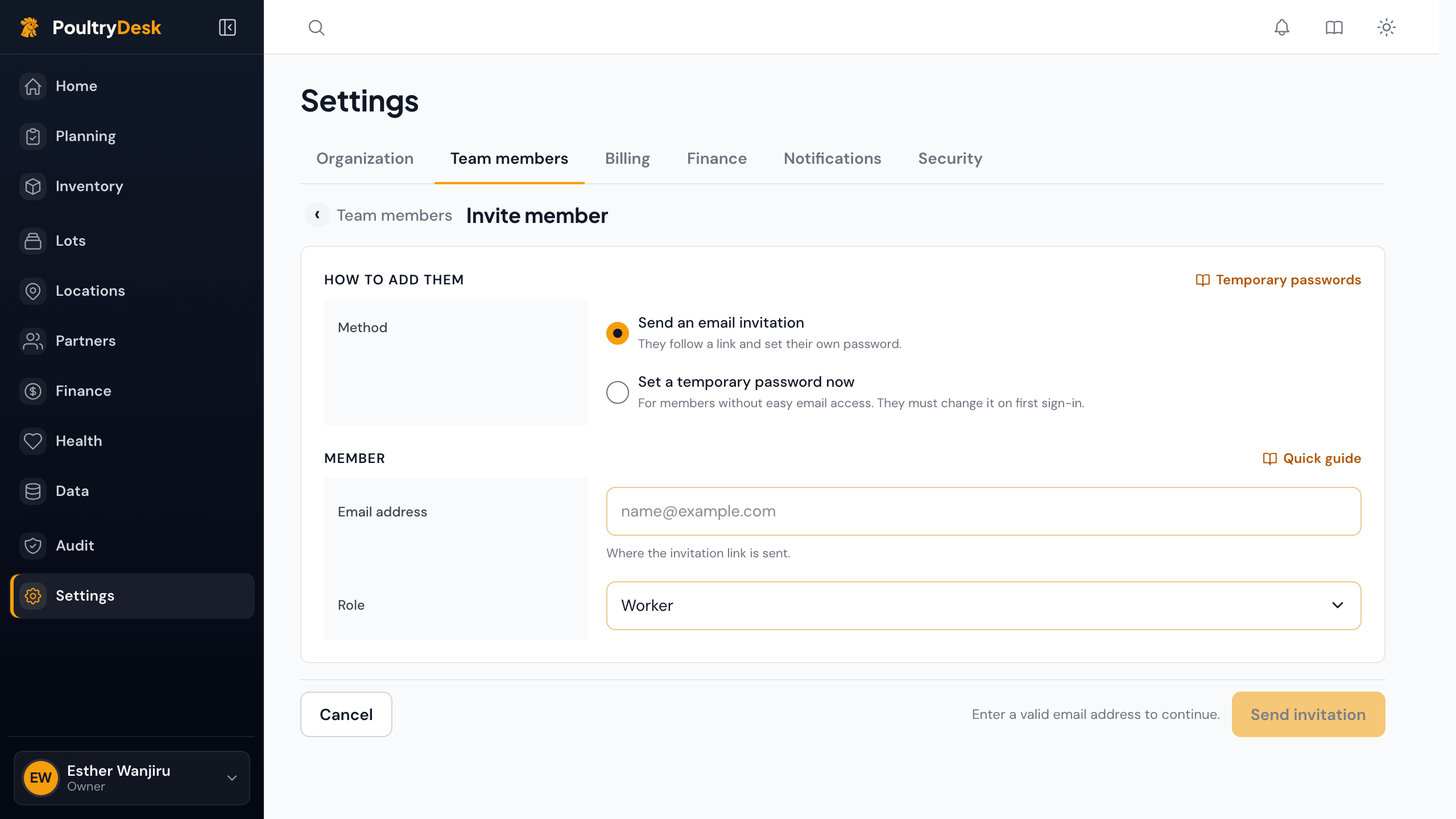 The Invite member form: choose how to add them, then the email address and role.