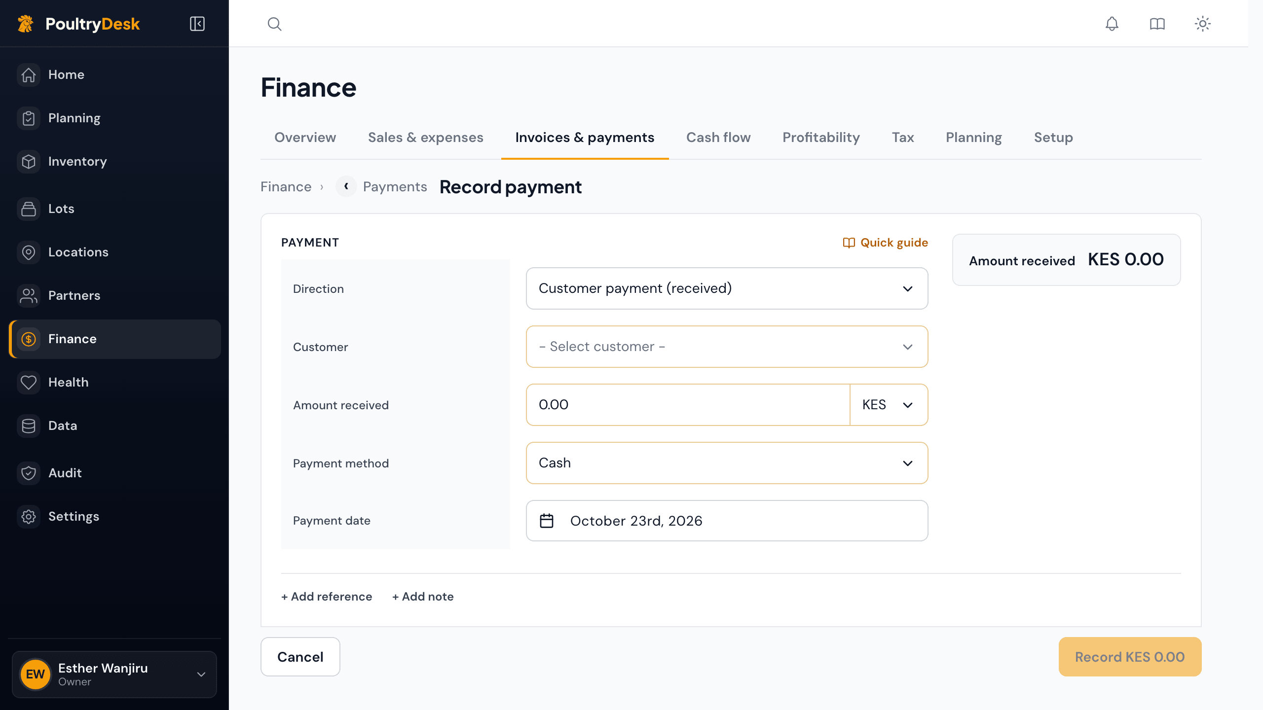 The Record payment form: direction, customer, amount, payment method and date.