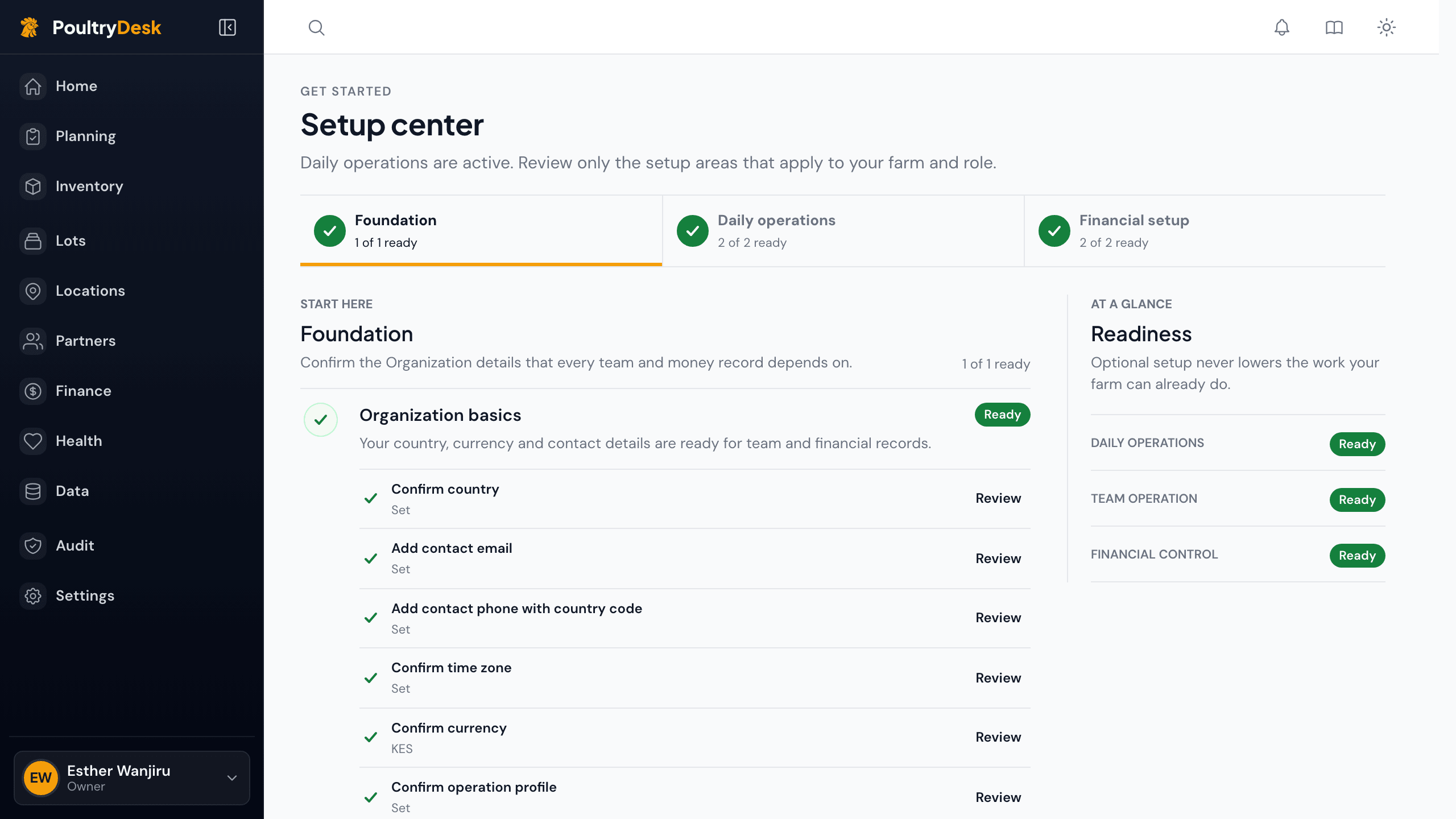 The Setup center with Foundation, Daily operations and Financial setup marked ready, and the Organization basics checklist below.