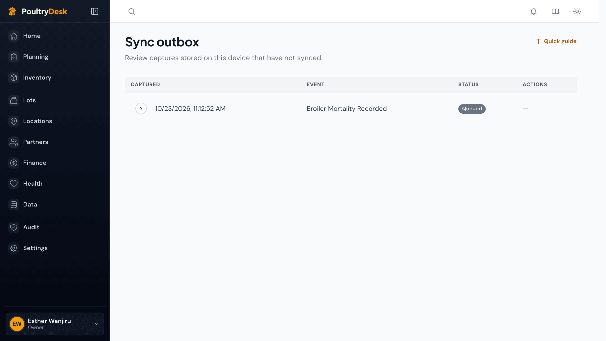 The Sync outbox listing one mortality entry with the status Queued.